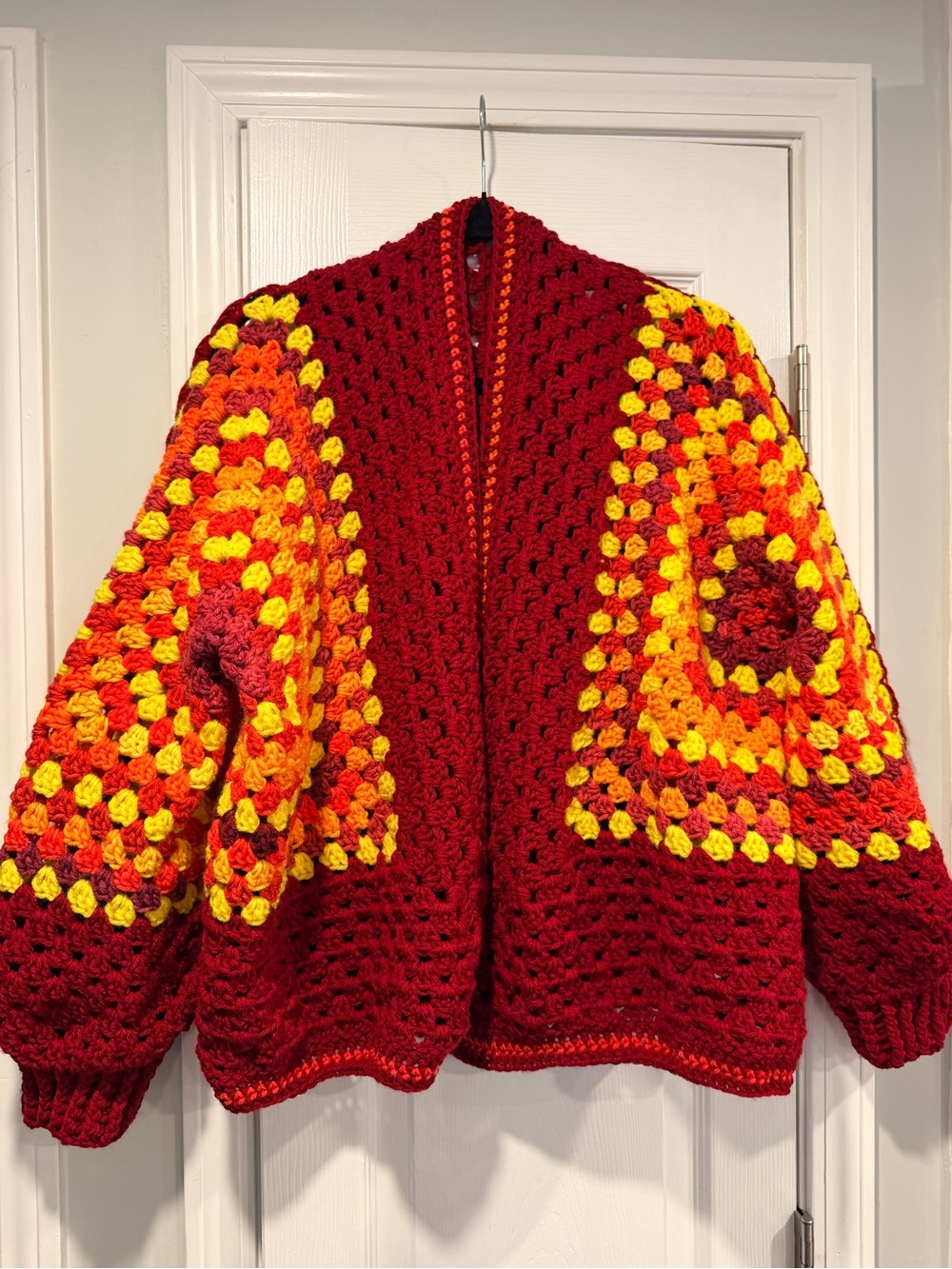 Handmade Crochet Granny Square One Size Cozy Cardigan Boho Chunky Knit Sweater